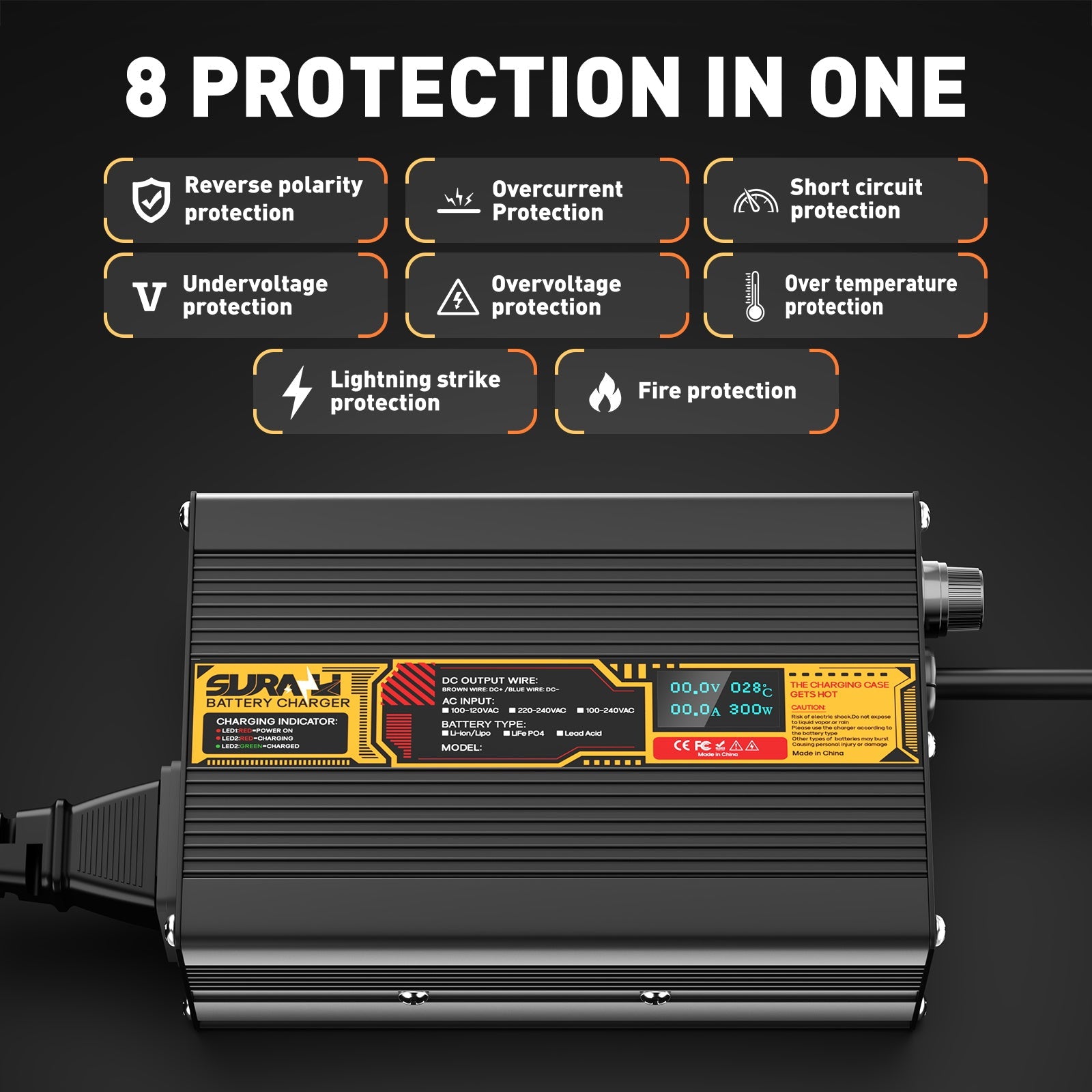 Suraziki Blei-Säure-Batterie, 60 V, 2 A, Batterieladegerät für 60 V Blei-Säure-AGM-GEL-Deep-Cycle- und Autostart-Batterien, LED-Anzeige, vollständiger Schutz, Gehäuse aus Aluminiumlegierung