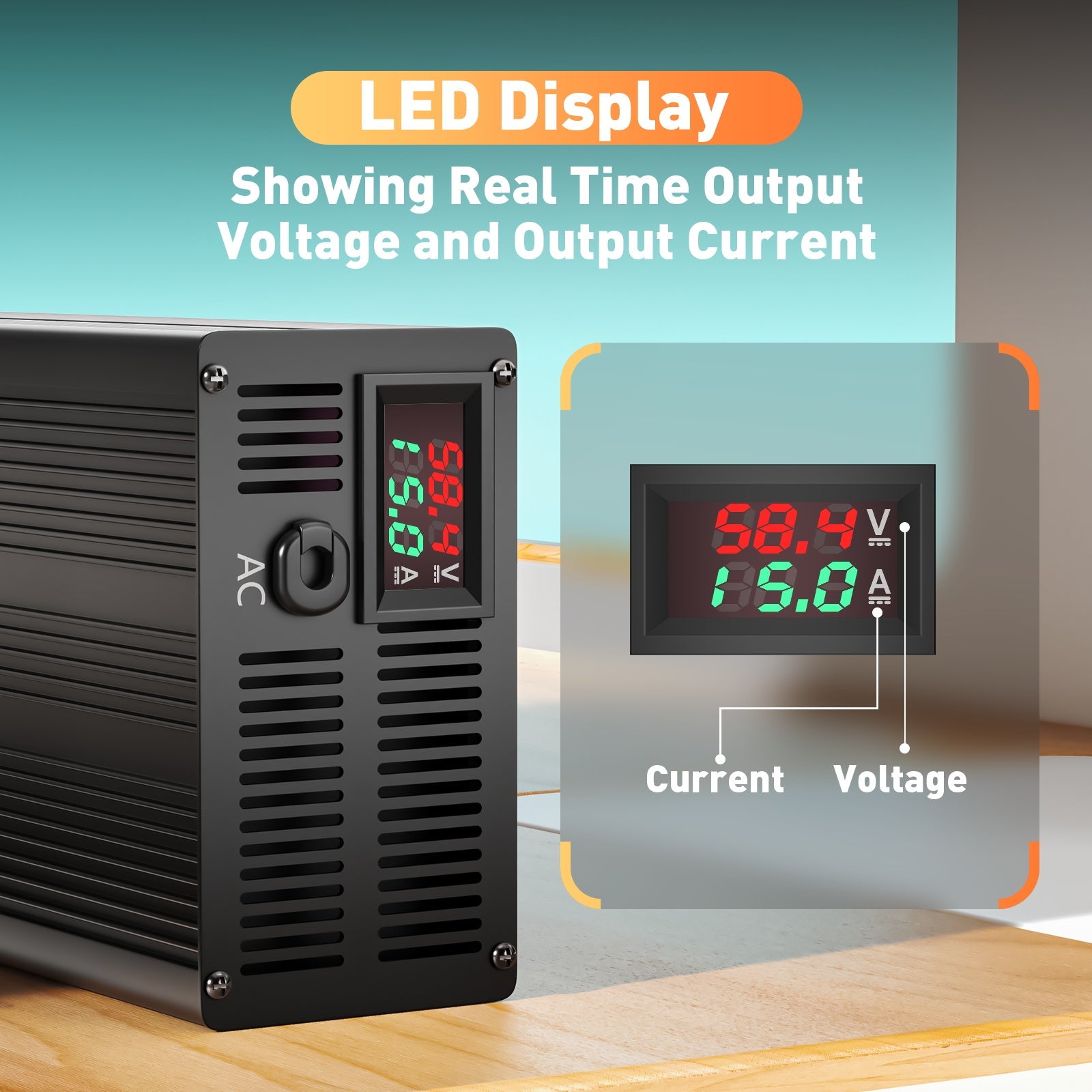 Suraziki 58,4 V 1-15 A Einstellbarer Strom Lithium LiFePO4 Batterieladegerät für 16S 51,2 V (48 V) LiFePO4-Batterie, Kühllüfter, Gehäuse aus Aluminiumlegierung, LCD-Display