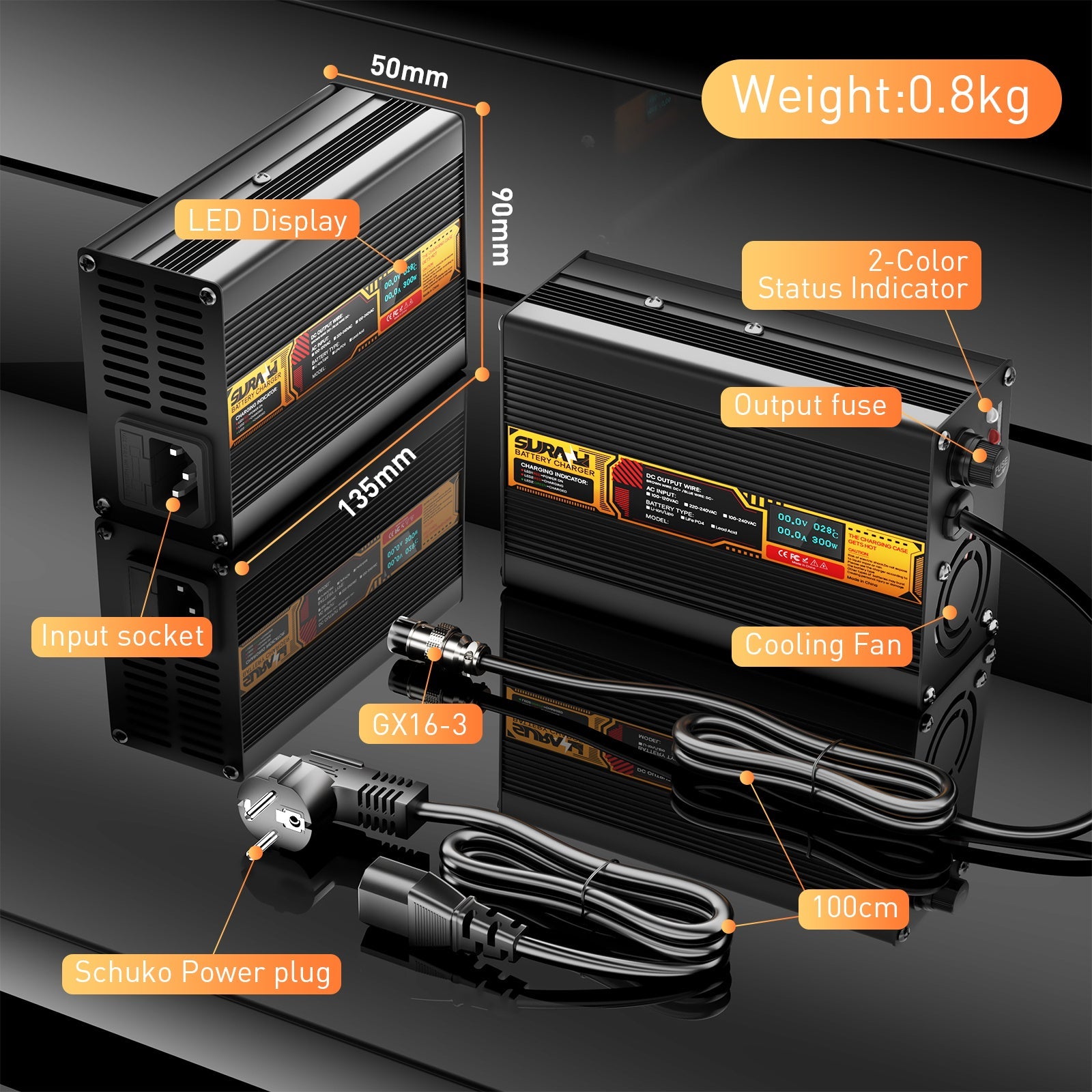 Suraziki Blei-Säure-Batterie, 60 V, 3 A, Batterieladegerät für 60 V Blei-Säure-AGM-GEL-Deep-Cycle- und Autostart-Batterien, LED-Anzeige, vollständiger Schutz, Gehäuse aus Aluminiumlegierung