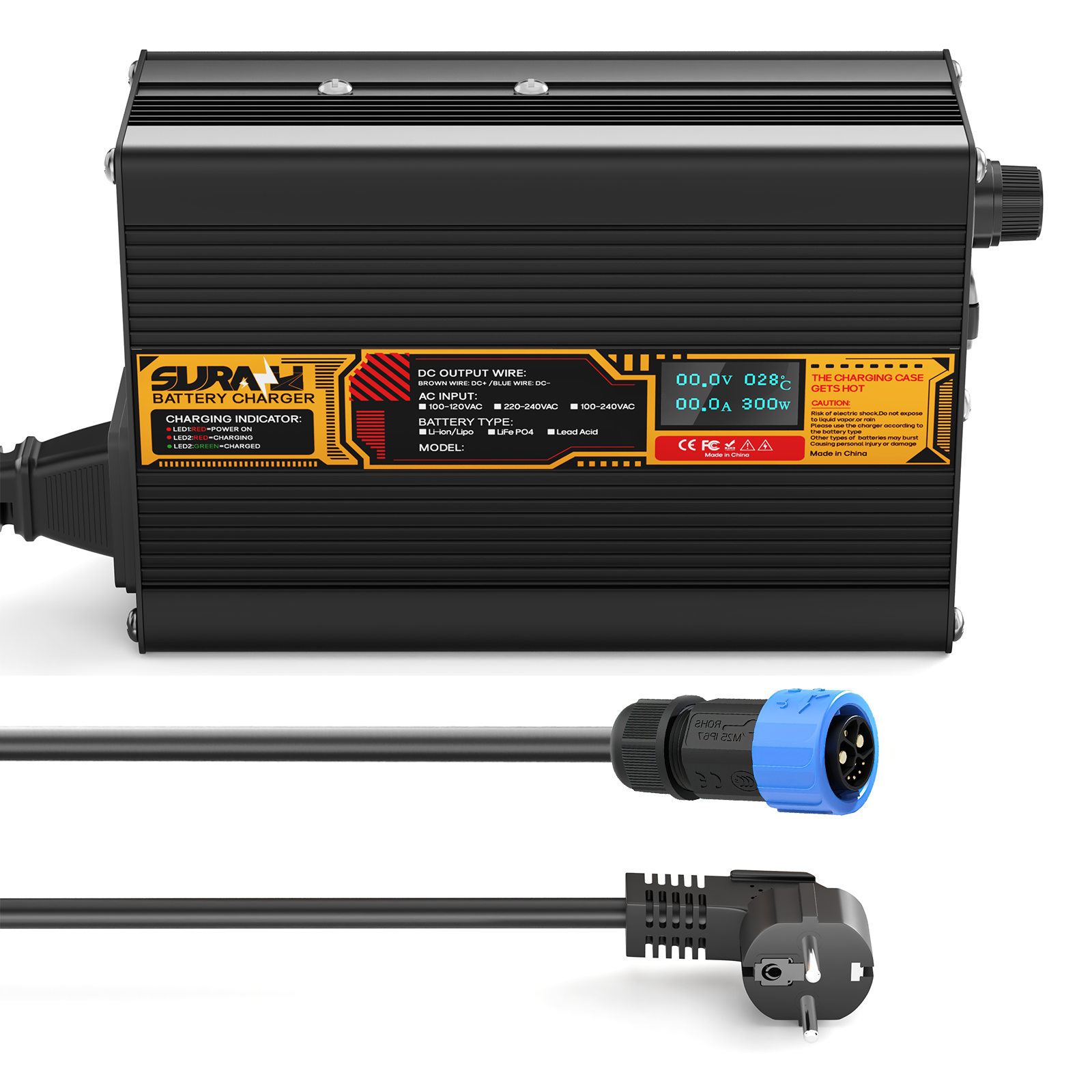 Suraziki Blei-Säure-Batterie, 60 V, 2 A, Batterieladegerät für 60 V Blei-Säure-AGM-GEL-Deep-Cycle- und Autostart-Batterien, LED-Anzeige, vollständiger Schutz, Gehäuse aus Aluminiumlegierung