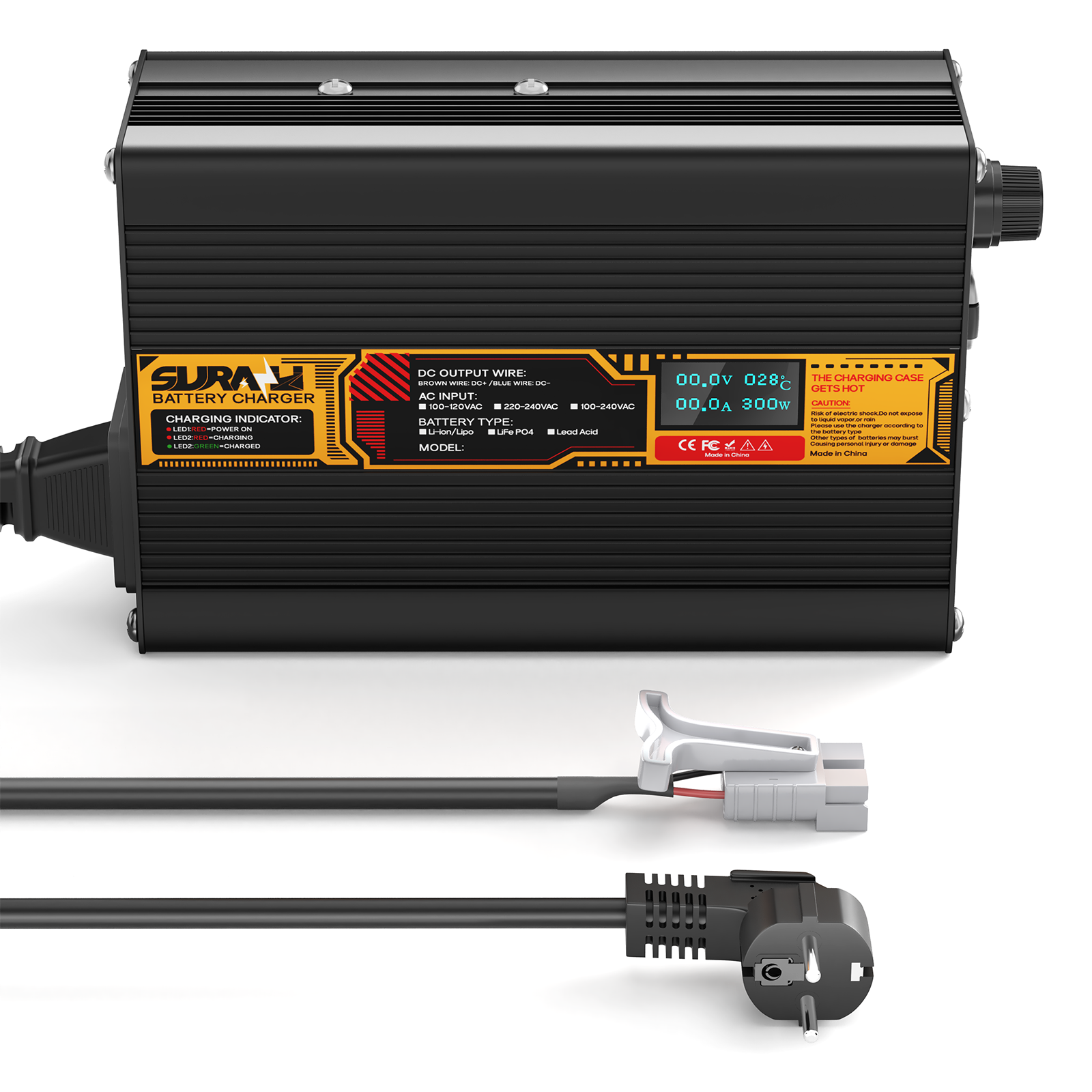 Suraziki Lithium-Akkuladegerät 75,6 V, 2 A, für 66,6 V Lithium-Ionen-Polymer-Akkus, LED-Anzeige, vollständiger Schutz, Gehäuse aus Aluminiumlegierung