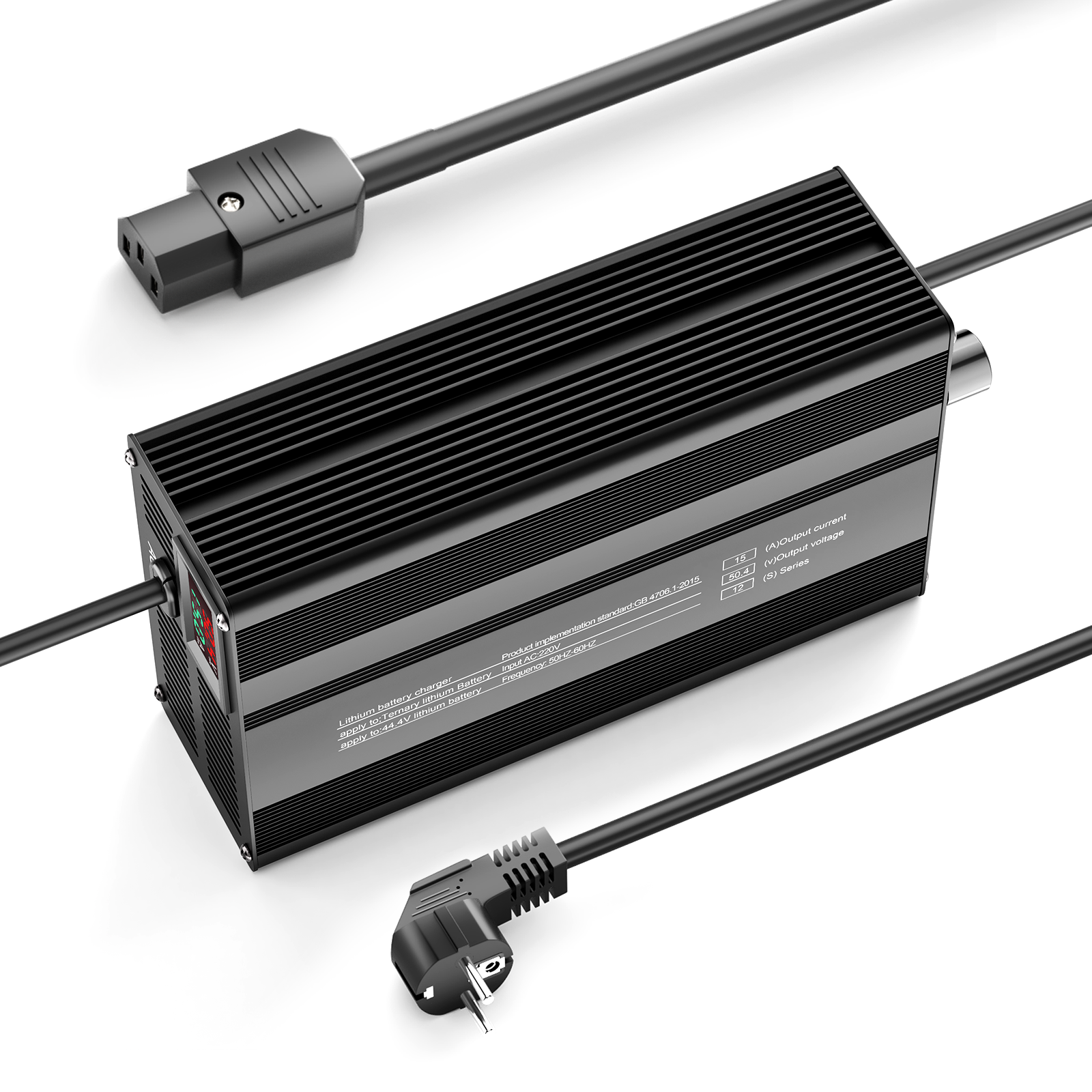 Suraziki 50,4 V 1-15 A Strom einstellbar Lithium-Batterie-Ladegerät für 12S 44,4 V Li-Ionen-/ternäre Lithium-/Polymer-Batterien, E-Bike-Scooter-Batterieladegerät