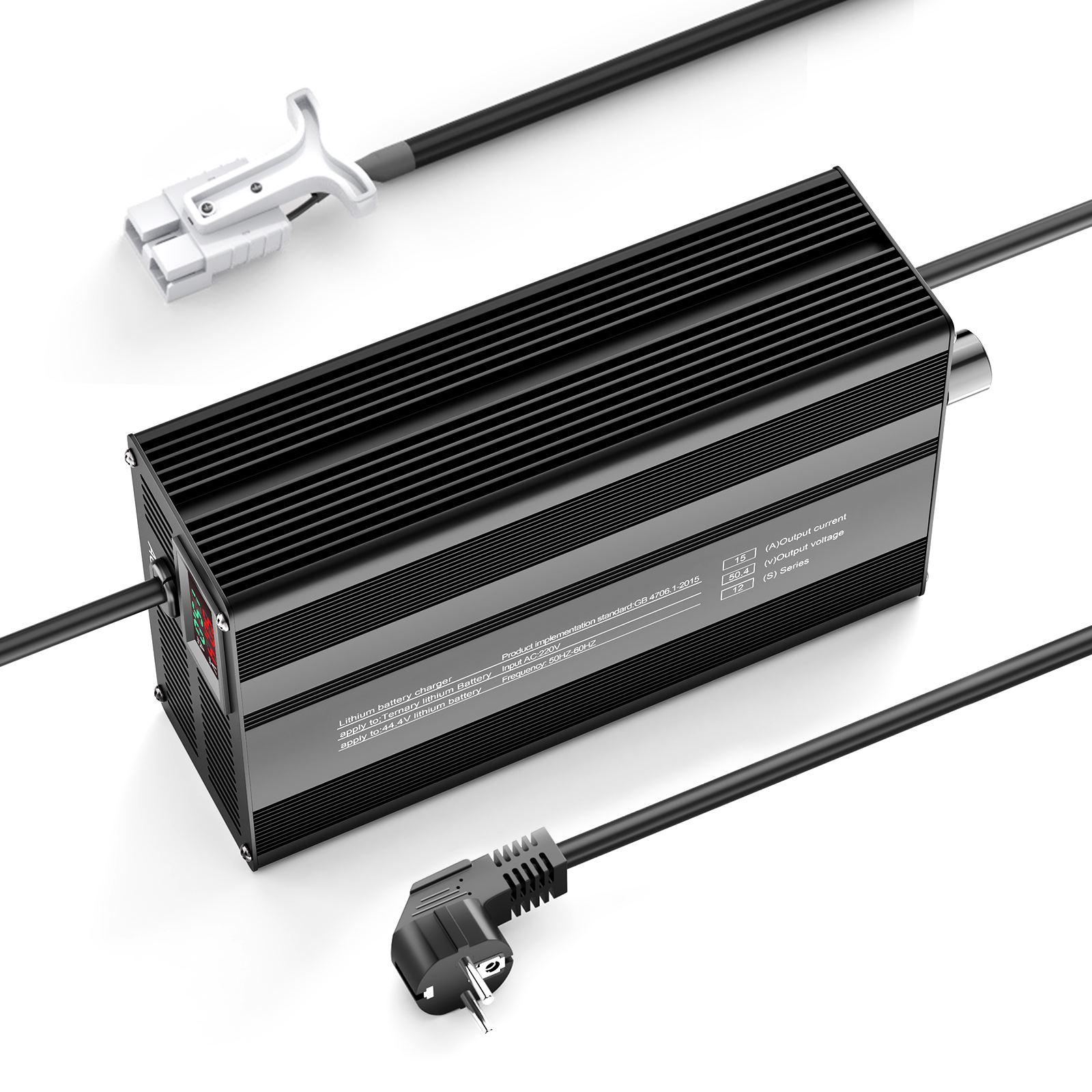 Suraziki 50,4 V 1-15 A Strom einstellbar Lithium-Batterie-Ladegerät für 12S 44,4 V Li-Ionen-/ternäre Lithium-/Polymer-Batterien, E-Bike-Scooter-Batterieladegerät