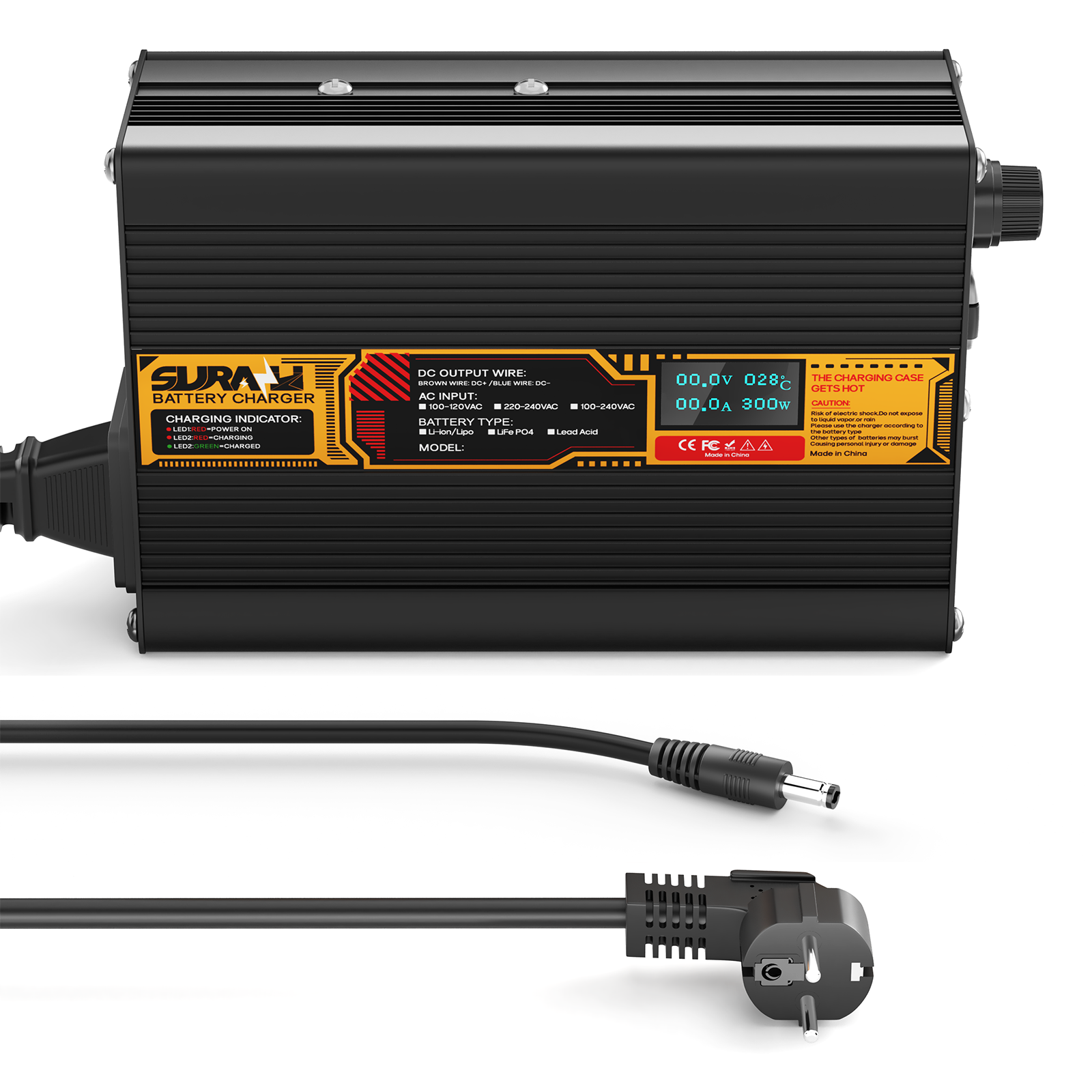 Suraziki LiFePO4 58.4V 5A Battery Charger for 48V/51.2V Lithium Iron Phosphate Batteries, LED Display, Full Protection