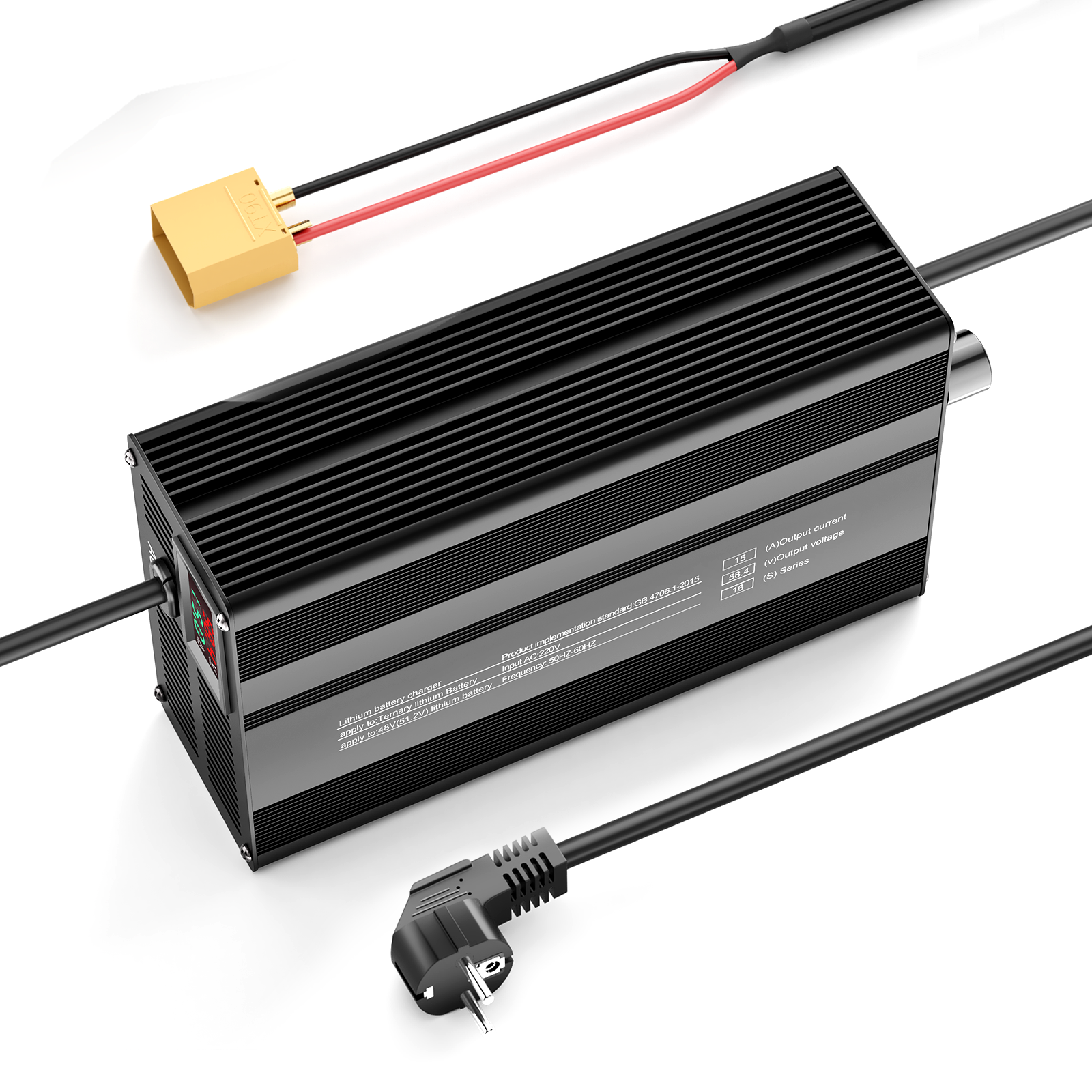 Suraziki 58,4 V 1-15 A Einstellbarer Strom Lithium LiFePO4 Batterieladegerät für 16S 51,2 V (48 V) LiFePO4-Batterie, Kühllüfter, Gehäuse aus Aluminiumlegierung, LCD-Display