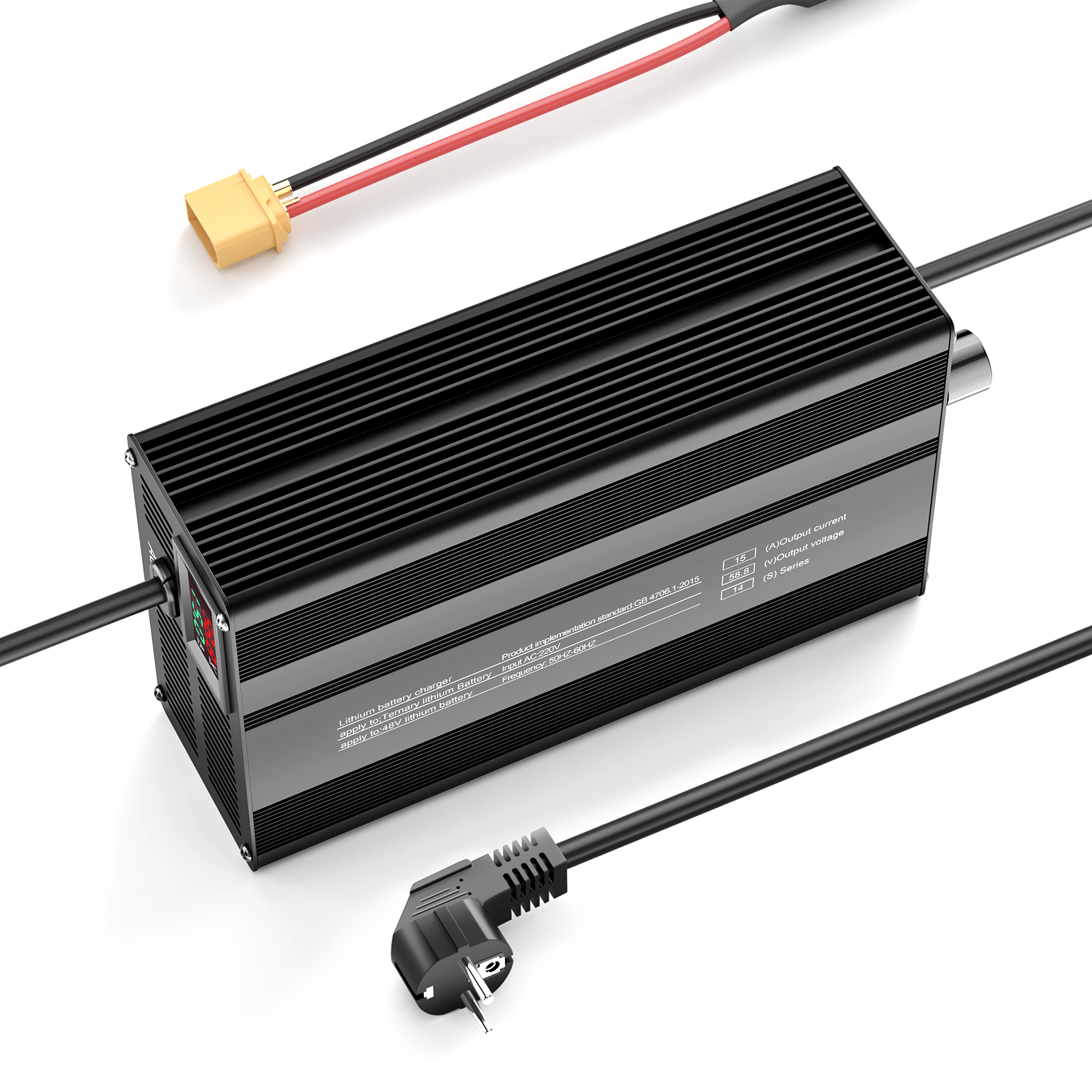 Suraziki 58,8 V 1-15 A Strom einstellbares Lithium-Batterieladegerät für 14S 51,8 V Li-Ionen-/ternäre Lithium-/Polymer-Batterien, E-Bike-Scooter-Batterieladegerät