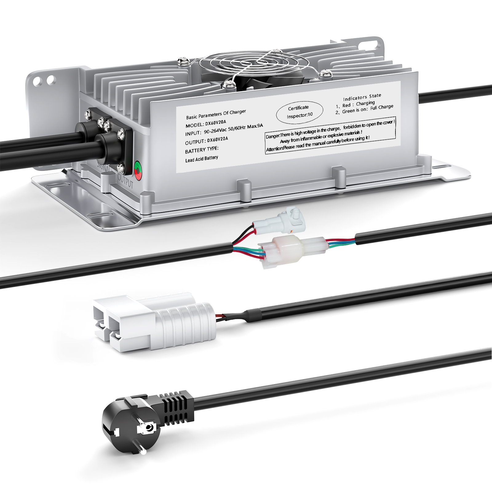 Suraziki 60 V 20 A Blei-Säure-Akkuladegerät, IP65 wasserdicht, mit Verriegelungskabel für Palettenwagen/Bodenschrubber/Golfwagen/Gabelstapler