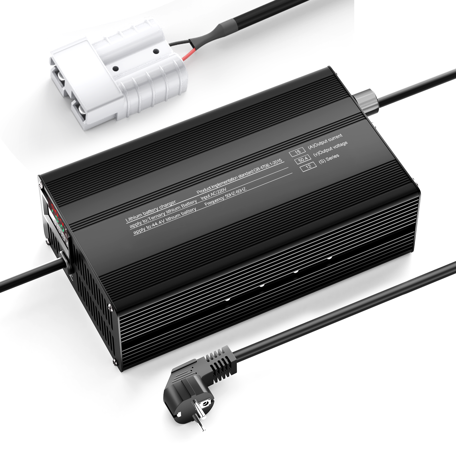 Suraziki 50,4 V 1-15 A Strom einstellbar Lithium-Batterie-Ladegerät für 12S 44,4 V Li-Ionen-/ternäre Lithium-/Polymer-Batterien, E-Bike-Scooter-Batterieladegerät