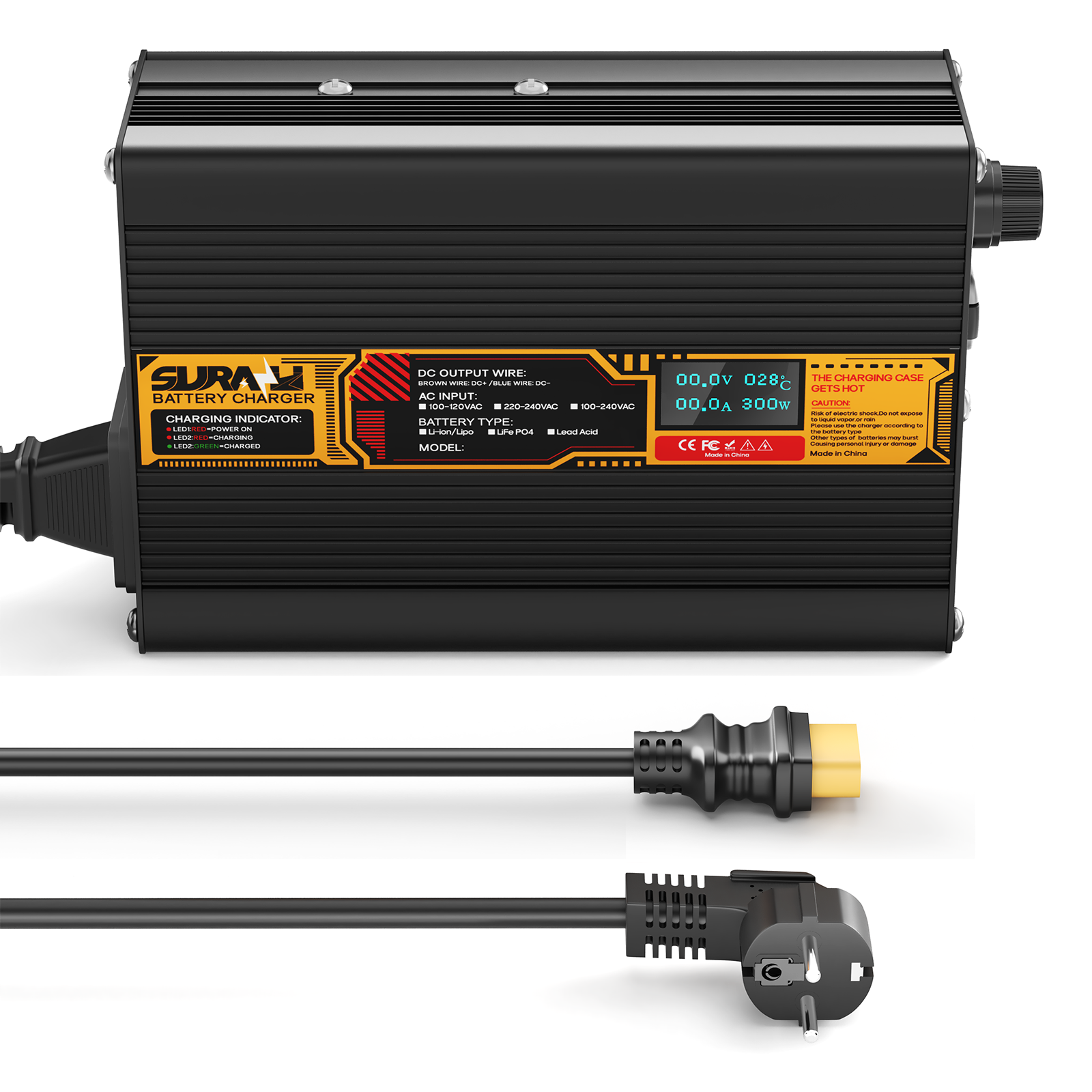 Suraziki Blei-Säure-Batterie, 60 V, 2 A, Batterieladegerät für 60 V Blei-Säure-AGM-GEL-Deep-Cycle- und Autostart-Batterien, LED-Anzeige, vollständiger Schutz, Gehäuse aus Aluminiumlegierung