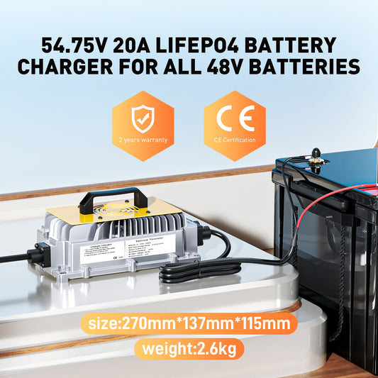 54.75V 20A LiFePO4 Battery Charger for 48V Lithium Batteries, Waterproof IP65, Fast Charging with 0V Activation, Smart Protection for Golf Carts, RV, Marine