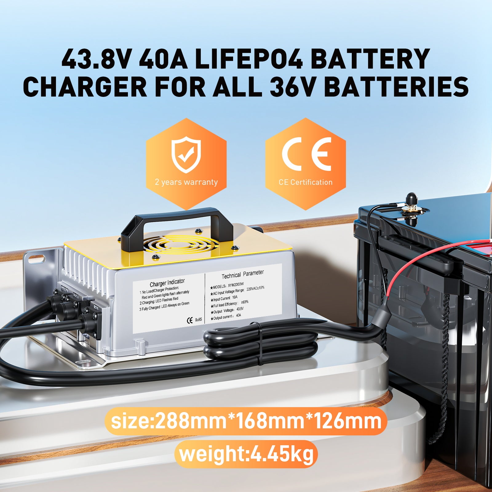Suraziki 43.8V 40A LiFePO4 Battery Charger for 36V 38.4V 12S Batteries, Waterproof Aluminum Case, 0V Activation, Auto Shut-Off, for Golf Cart, RV, Boat