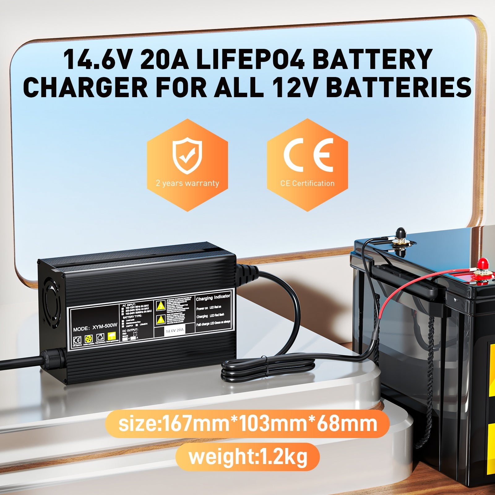 12V 20A LiFePO4 Battery Charger, Charging Voltage 14.6V , 0V BMS Activate, with Anderson 50A Quick charging connector