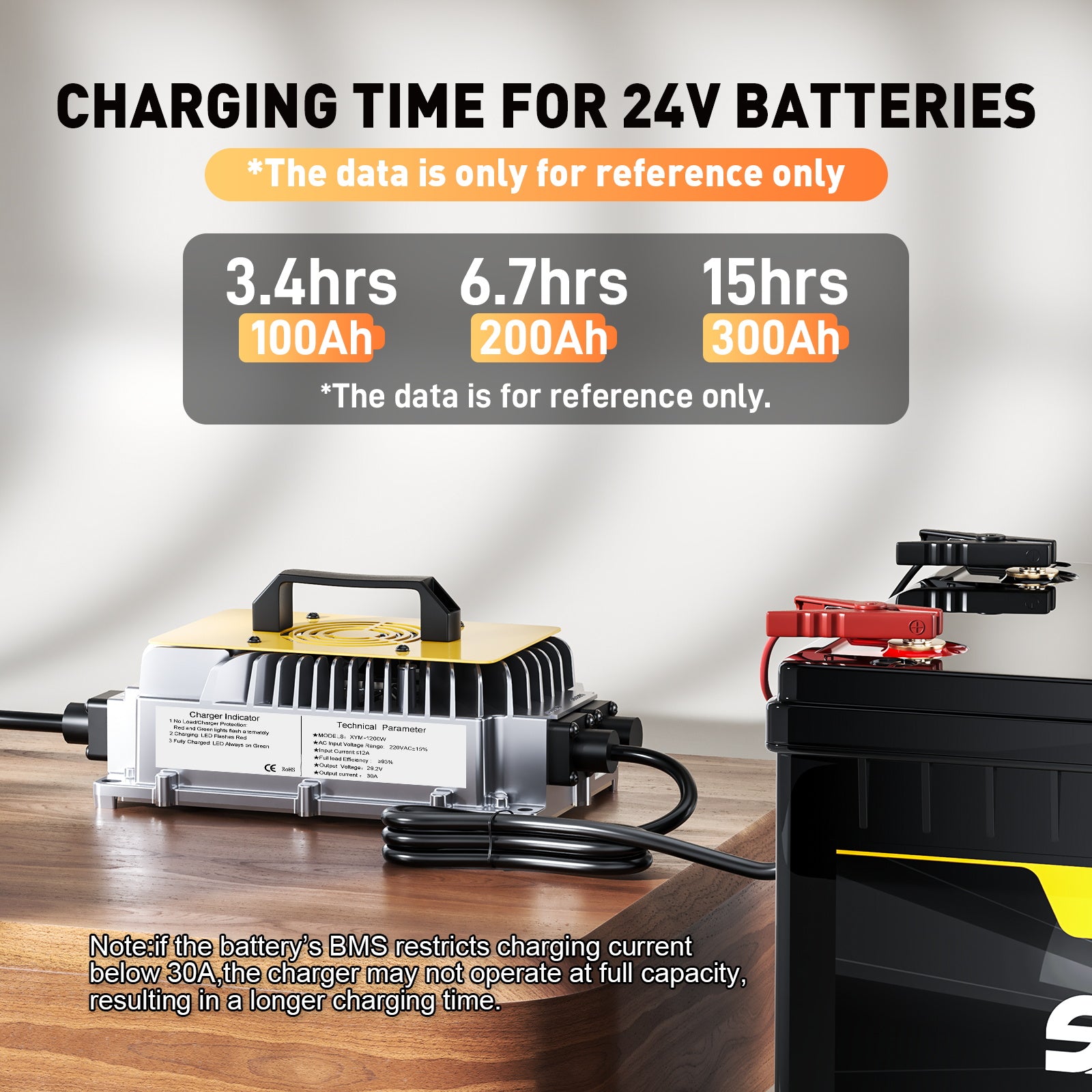 29.2V 30A LiFePO4 Battery Charger for 25.6V(24V) Batteries, 0V BMS Activation, Waterproof Charger for Golf Carts, Boats, and RVs, with Full Protection