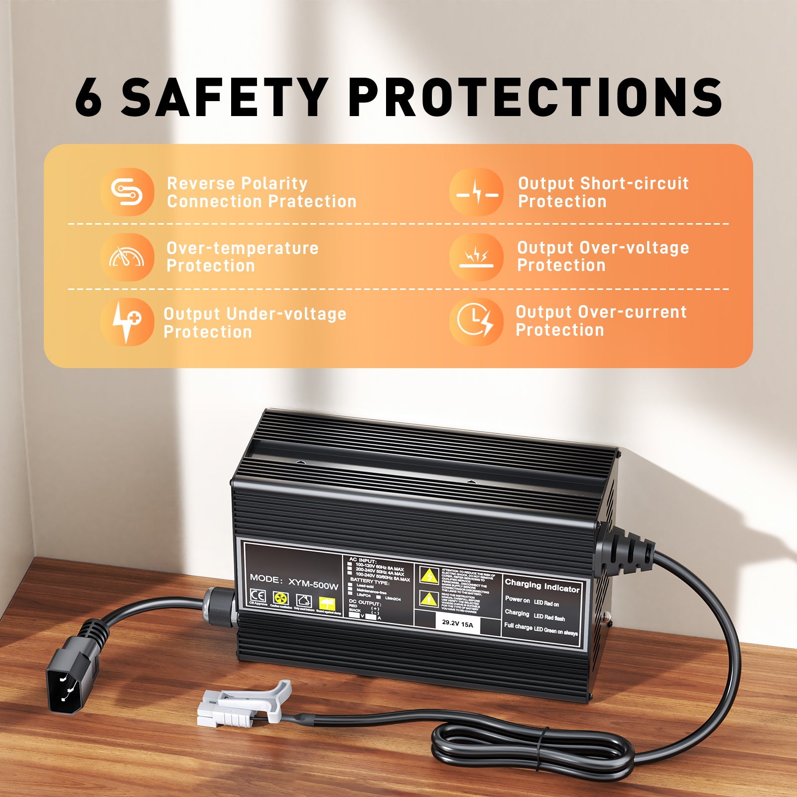 Suraziki 29.2V 15A LiFePO4 Battery Charger for 25.6V(24V) 8S Batteries – Waterproof, 0V BMS Activation, Automatic Shutdown, Ideal for Golf Carts, Motorhomes & Electric Fishing Motors