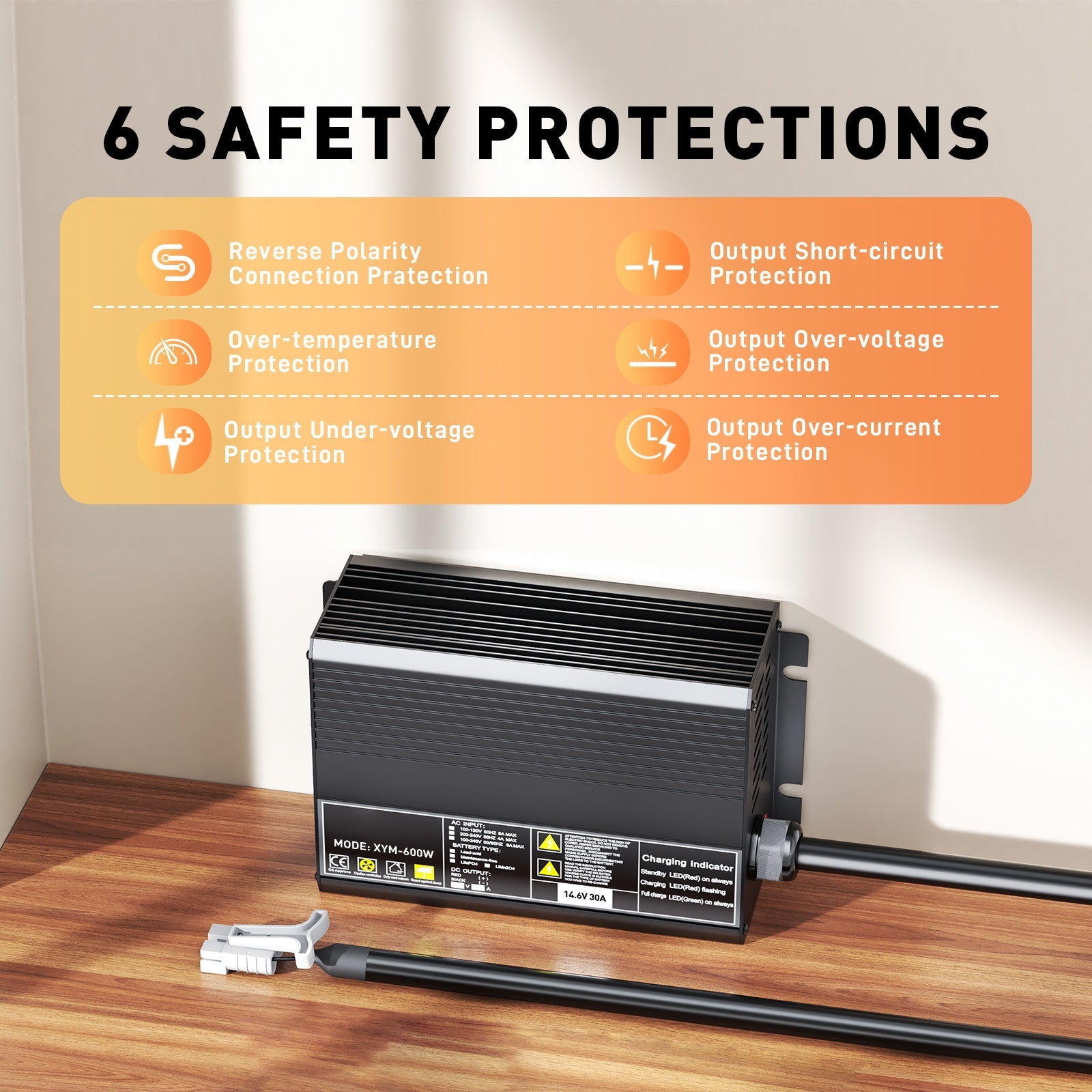 12V 30A LiFePO4 Battery Charger, Charging Voltage 14.6V , 0V BMS Activate, automatically cut off, with Anderson 50A Quick charging connector